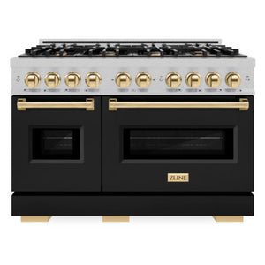 ZLINE Autograph 48" 6.7 cu. ft. Classic Double Oven Gas Range with 8 Burner Cooktop in Satin Stainless Steel with Black Matte Doors and Polished Gold Accents, CGRSZ-BLM-48-G