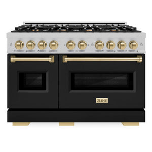 ZLINE Autograph 48" 6.7 cu. ft. Classic Double Oven Gas Range with 8 Burner Cooktop in Satin Stainless Steel with Black Matte Doors and Champagne Bronze Accents, CGRSZ-BLM-48-CB
