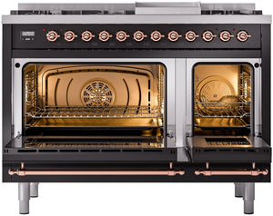 ILVE Nostalgie II 48" Dual Fuel Propane Gas Range in Black with Copper Trim, UP48FNMPBKPLP