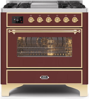 ILVE Majestic II 36" Dual Fuel Propane Gas Range in Burgundy with Brass Trim, UM09FDNS3BUGLP