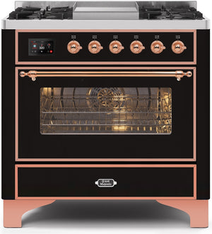 ILVE Majestic II 36" Dual Fuel Natural Gas Range in Glossy Black with Copper Trim, UM09FDNS3BKP