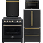 Forno 4-piece black and antique brass kitchen appliance package including French door refrigerator, electric range, dishwasher, and built-in microwave