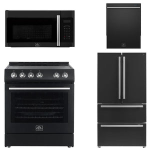 FORNO Espresso Package - 30" Electric Range, Over-The-Range Microwave, 36" Refrigerator with Ice Maker and Dishwasher in Black with Silver Accents, AP4-6012BLK-S12