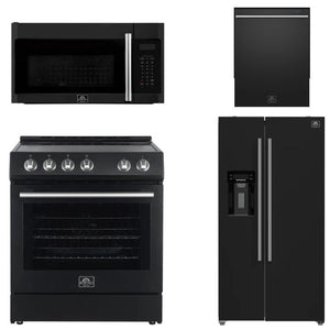FORNO Espresso Package - 30" Electric Range, Over-The-Range Microwave, 36" Refrigerator with Water Dispenser/Ice Maker and Dishwasher in Black with Silver Accents, AP4-6012BLK-S14