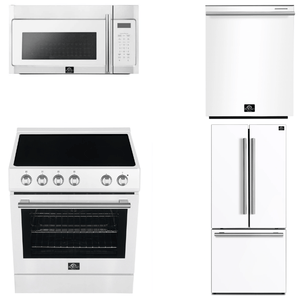 FORNO Espresso Package - 30" Electric Range, Over-The-Range Microwave, 30" Refrigerator with Ice Maker and Dishwasher in White with Silver Accents, AP4-6012WHT-S13