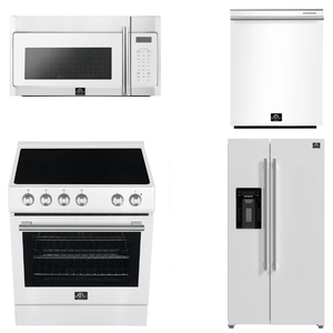 FORNO Espresso Package - 30" Electric Range, Over-The-Range Microwave, 36" Refrigerator with Water Dispenser/Ice Maker and Dishwasher in White with Silver Accents, AP4-6012WHT-S14
