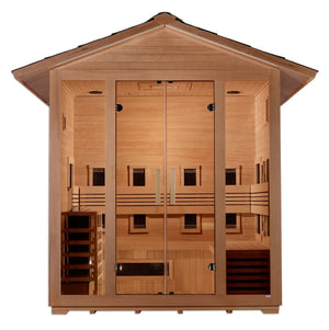 Golden Designs Gargellen Hybrid (PureTech™ Full Spectrum IR or Traditional Stove) Outdoor Sauna in Canadian Hemlock (5-Person Capacity)