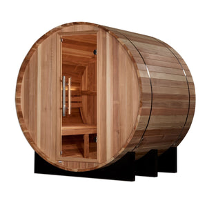 Golden Designs St. Moritz Outdoor Barrel Traditional Sauna with Pacific Premium Cedar Wood Construction (2-Person Capacity)