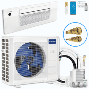 Air conditioning unit with indoor and outdoor components, hoses, and connectors on a white background.