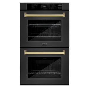 ZLINE 30" Autograph Double Wall Oven with Air Fry and Self-Clean in Black and Champagne Bronze Handle, WADBZ-30-CB