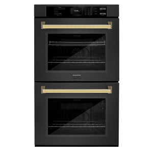 ZLINE 30" Autograph Double Wall Oven with Air Fry and Self-Clean in Black and Gold Handle, WADBZ-30-G