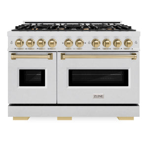 ZLINE Autograph 48" 6.7 cu. ft. Classic Double Oven Gas Range with 8 Burner Cooktop in Satin Stainless Steel and Champagne Bronze Accents, CGRSZ-48-CB