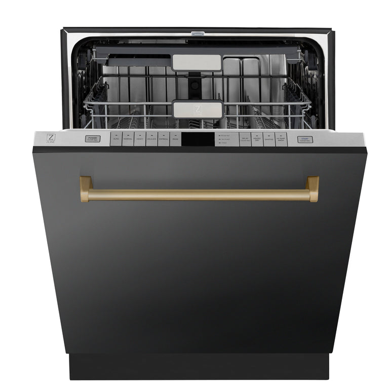 ZLINE Autograph Edition 24 In. 3rd Rack Top Touch Control Tall Tub Dishwasher in Black Stainless Steel with Champagne Bronze Handle, DWMTZ-BS-24-CB
