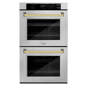 ZLINE 30" Autograph Professional True Convection Double Wall Oven with Air Fry and Self Clean in Satin Stainless Steel with Polished Gold Handles, WADSZ-30-G