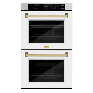 ZLINE 30" Autograph Professional True Convection Double Wall Oven with Air Fry and Self Clean in Satin Stainless Steel with White Matte Doors and Polished Gold Handles, WADSZ-WM-30-G