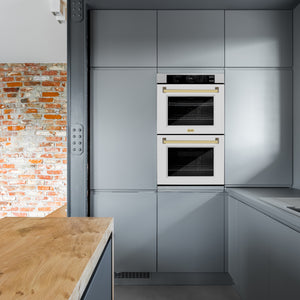 ZLINE 30" Autograph Professional True Convection Double Wall Oven with Air Fry and Self Clean in Satin Stainless Steel with White Matte Doors and Polished Gold Handles, WADSZ-WM-30-G