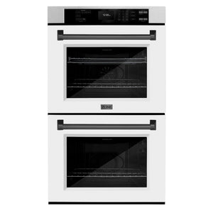ZLINE 30" Autograph Professional True Convection Double Wall Oven with Air Fry and Self Clean in Satin Stainless Steel with White Matte Doors and Matte Black Handles, WADSZ-WM-30-MB