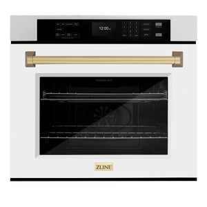 ZLINE 30" Autograph Professional True Convection Single Wall Oven with Air Fry and Self Clean in Satin Stainless Steel with White Matte Door and Champagne Bronze Handle, WASSZ-WM-30-CB