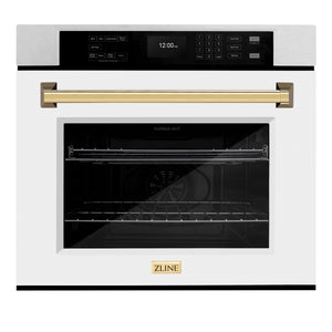 ZLINE 30" Autograph Professional True Convection Single Wall Oven with Air Fry and Self Clean in Satin Stainless Steel with White Matte Door and Polished Gold Handle, WASSZ-WM-30-G