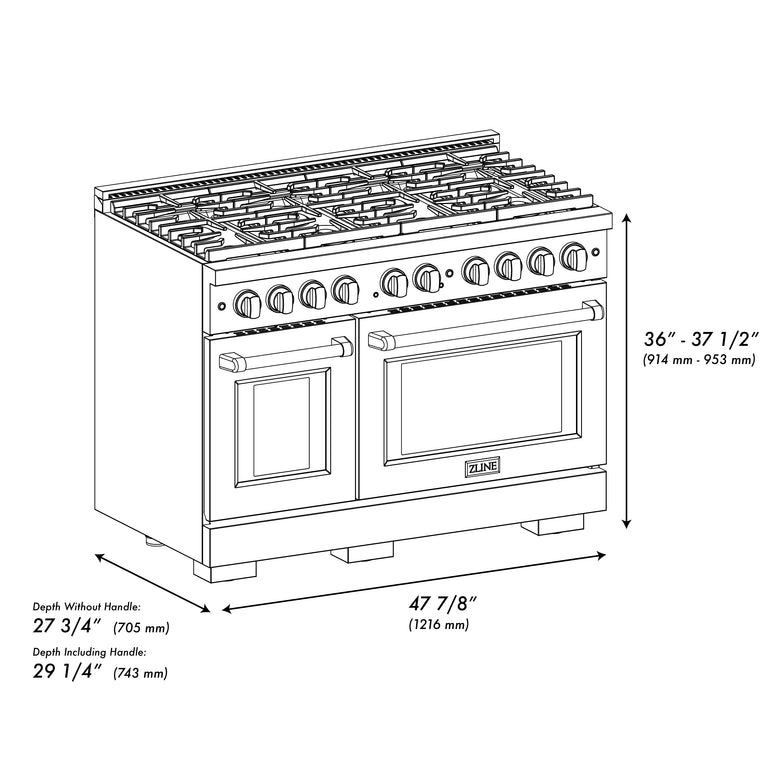 ZLINE Autograph 48" 6.7 cu. ft. Double Oven Gas Range in Black Stainless Steel and Bronze Accents, SGRBZ-48-CB