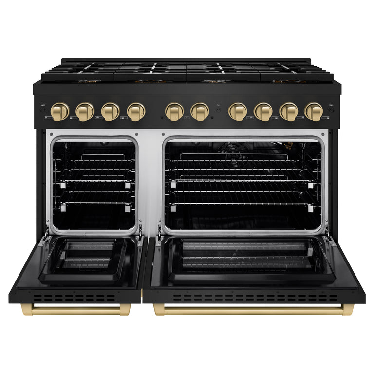ZLINE Autograph 48" 6.7 cu. ft. Double Oven Gas Range in Black Stainless Steel and Bronze Accents, SGRBZ-48-CB