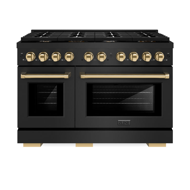 ZLINE Autograph 48" 6.7 cu. ft. Double Oven Gas Range in Black Stainless Steel and Gold Accents, SGRBZ-48-G