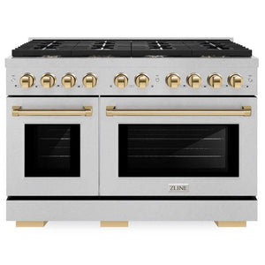 ZLINE Autograph Package - 48 In. Gas Range and Range Hood in Satin Stainless Steel with Gold Accents, 2AKPR-RGSRH48-G