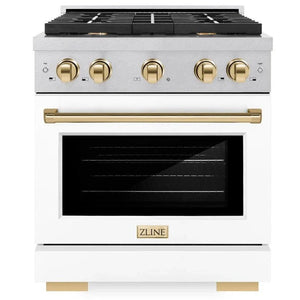 ZLINE Autograph 30" 4.2 cu. ft. Paramount Gas Range with 4 Burner Cooktop and Convection Gas Oven in Satin Stainless Steel with White Matte Door and Polished Gold Accents, SGRSZ-WM-30-G