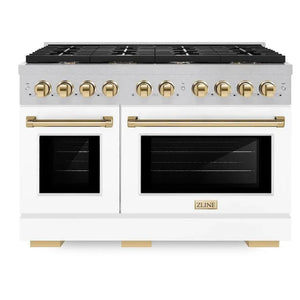 ZLINE Autograph Package - 48 In. Gas Range and Range Hood in Satin Stainless Steel with White Matte Door and Gold Accents, 2AKPR-RGSWMRH48-G