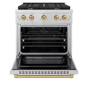 ZLINE Autograph Package - 30 In. Gas Range, Range Hood in Stainless Steel with Gold Accents, 2AKP-RGRH30-G