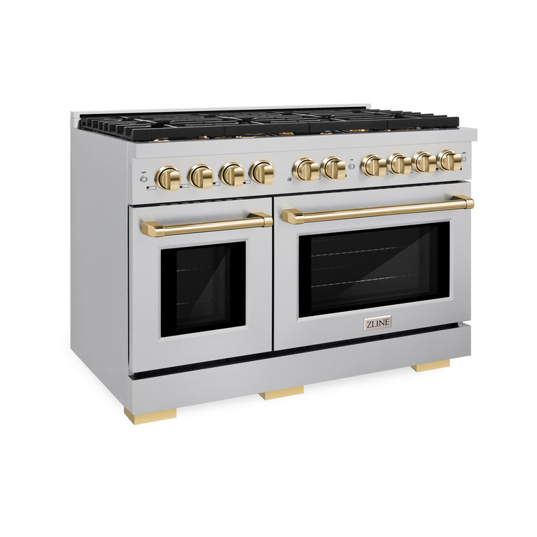 ZLINE Autograph 48" 6.7 cu. ft. Double Oven Gas Range in Stainless Steel and Gold Accents, SGRZ-48-G