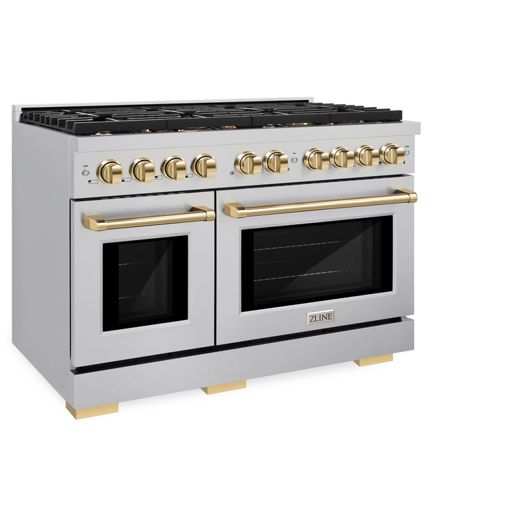 ZLINE Autograph 48" 6.7 cu. ft. Double Oven Gas Range in Stainless Steel and Gold Accents, SGRZ-48-G