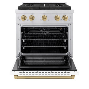 ZLINE Autograph Package - 30 In. Gas Range, Range Hood, Dishwasher in White with Champagne Bronze Accents, 3AKP-RGWMRHDWM30-CB