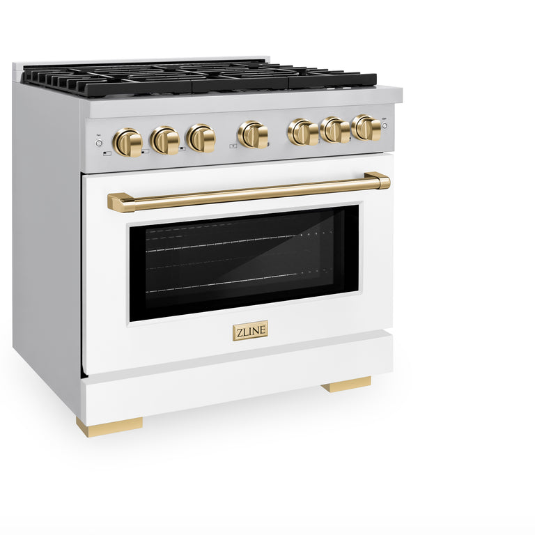 ZLINE Autograph 36" 5.2 cu. ft. Gas Range with Convection Gas Oven in Stainless Steel with White Matte Door and Gold Accents, SGRZ-WM-36-G