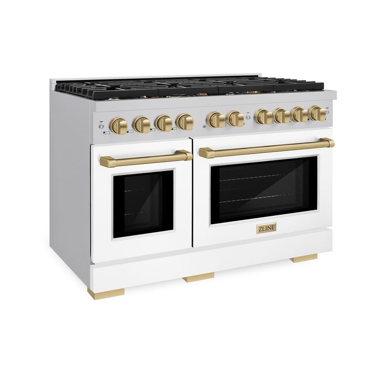 ZLINE Autograph 48" 6.7 cu. ft. Double Oven Gas Range in Stainless Steel with White Matte Doors and Bronze Accents, SGRZ-WM-48-CB