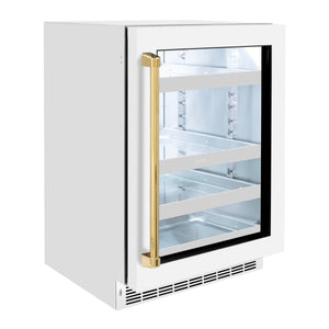 ZLINE Autograph 24" Touchstone 151 Can Beverage Fridge with White Matte Glass Door and Polished Gold Handle, RBSOZ-WM-24-G