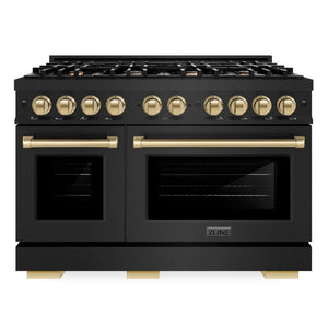 ZLINE Autograph 48" 6.7 cu. ft. Select Double Oven Dual Fuel Range with 8 Burners in Black Stainless Steel and Champagne Bronze Accents, HDRBZ-48-CB