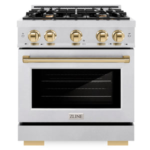 ZLINE Autograph 30" 4.2 cu. ft. Select Dual Fuel Range with 4 Burner Gas Cooktop and Electric Convection Oven in Satin Stainless Steel with Polished Gold Accents, HDRSZ-30-G