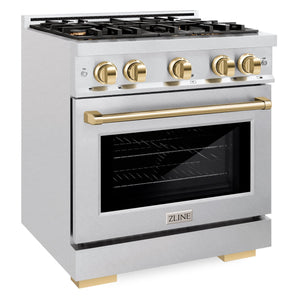 ZLINE Autograph 30" 4.2 cu. ft. Select Dual Fuel Range with 4 Burner Gas Cooktop and Electric Convection Oven in Satin Stainless Steel with Polished Gold Accents, HDRSZ-30-G