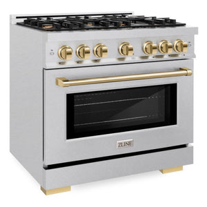 ZLINE Autograph 36" 5.2 cu. ft. Select Gas Range with 6 Burner Cooktop and Convection Gas Oven in Satin Stainless Steel and Polished Gold Accents, HGRSZ-36-G