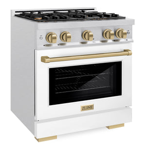 ZLINE Autograph 30" 4.2 cu. ft. Select Dual Fuel Range with 4 Burner Gas Cooktop and Electric Convection Oven in Satin Stainless Steel with White Matte Door and Champagne Bronze Accents, HDRSZ-WM-30-CB