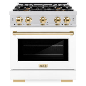 ZLINE Autograph 30" 4.2 cu. ft. Select Dual Fuel Range with 4 Burner Gas Cooktop and Electric Convection Oven in Satin Stainless Steel with White Matte Door and Polished Gold Accents, HDRSZ-WM-30-G