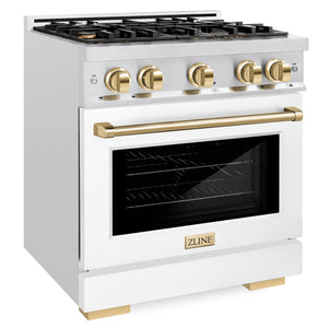 ZLINE Autograph 30" 4.2 cu. ft. Select Dual Fuel Range with 4 Burner Gas Cooktop and Electric Convection Oven in Satin Stainless Steel with White Matte Door and Polished Gold Accents, HDRSZ-WM-30-G