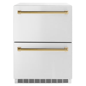 ZLINE Autograph 24" Touchstone 168 Can Outdoor-Rated Refrigerator Drawer with Stainless Steel Doors and Polished Gold Handles, RDSOZ-ST-24-G