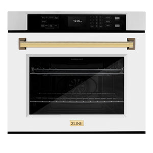 ZLINE 30" Autograph Single Wall Oven with Air Fry and Self-Clean in Stainless Steel with White Matte Door and Gold Handle, WASZ-WM-30-G