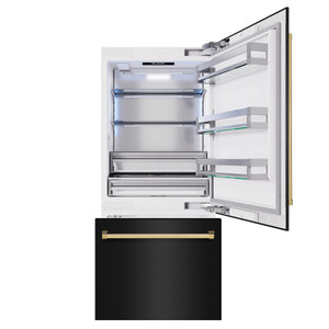 ZLINE Autograph 36" 19.8 cu. ft. Built-In Bottom Freezer Refrigerator with Water Dispenser and Ice Maker in Black Stainless Steel and Polished Gold Accents, RBITZ-BS-36-G