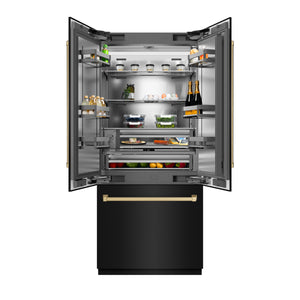 ZLINE Autograph 36" 19.6 cu. ft. French Door Built-In Bottom Freezer Refrigerator with Water Dispenser and Ice Maker in Black Stainless Steel with Stainless Steel Interior and Champagne Bronze Accents, SRBIVZ-BS-36-CB