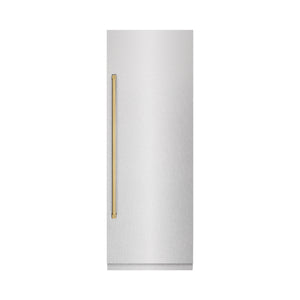 ZLINE Autograph 30" 16.7 cu. ft. Column Refrigerator in Satin Stainless Steel with Graphite Gray Interior and Polished Gold Accents, RCRVZ-SN-30-G