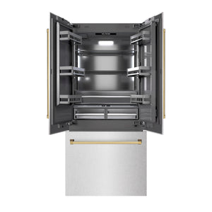ZLINE Autograph 36" 19.6 cu. ft. French Door Built-In Bottom Freezer Refrigerator with Water Dispenser and Ice Maker in Satin Stainless Steel with Graphite Gray Interior and Polished Gold Accents, GRBIVZ-SN-36-G