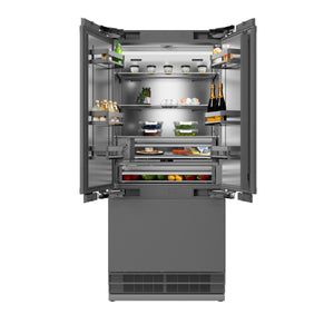 ZLINE Autograph 36" 19.6 cu. ft. Panel Ready French Door Built-In Bottom Freezer Refrigerator with Water Dispenser and Ice Maker with Stainless Steel Interior and Matte Black Accents, SRBIVZ-36-MB